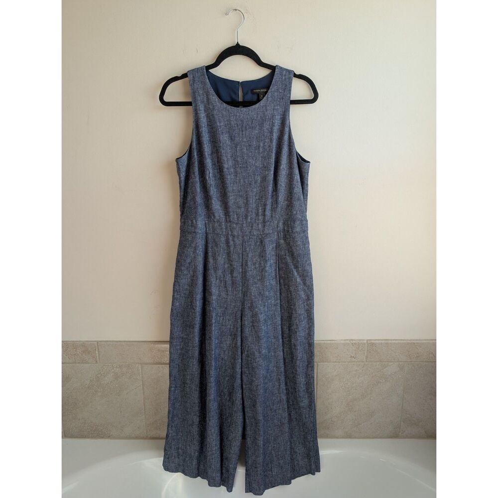 Banana Republic Women's 10 Linen Blend Wide Leg Jumpsuit Blue Sleeveless